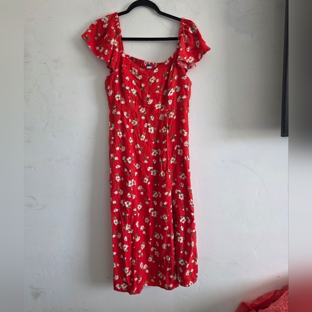 Old Navy Red Floral Midi Dress with Puff Sleeves